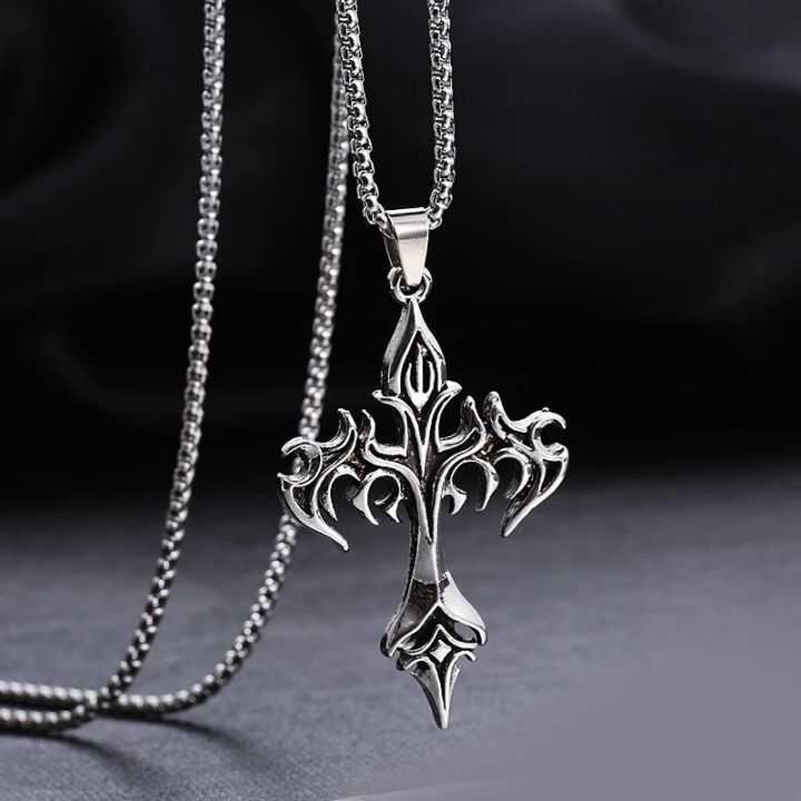 Fashion Vintage Flame Cross Pendant Necklace For Women Men - Main Image