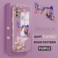 Jizetin (Free Lanyard) OPPO A53 2020 / A33 2020 Back Cover Peach Blossom and Butterfly Luxury 6D Plating Case Side Pattern Soft Silicone Square Mobile Phone Cases. 