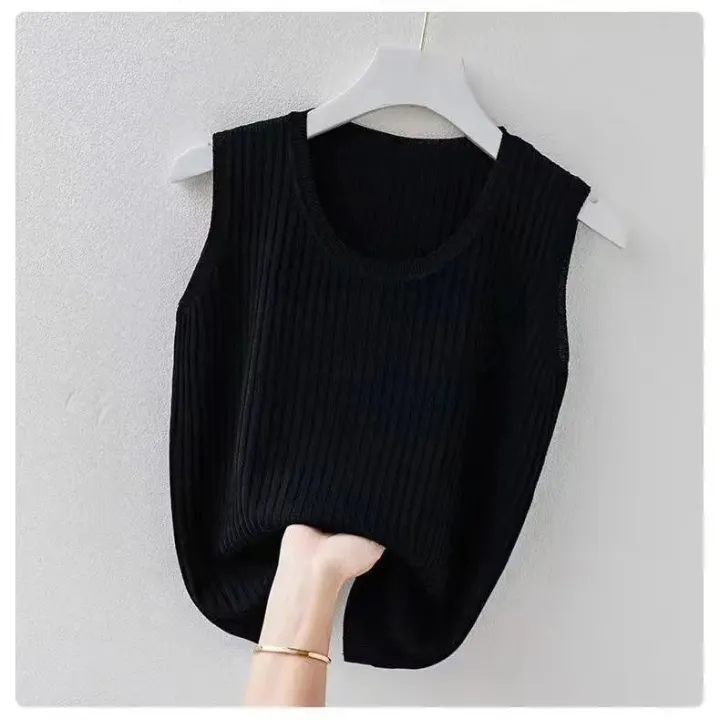 Plus%20Size%20Ice%20Silk%20Camisole%20Women's%20Summer%20Inner%20Wear%20Base%20Short%20Knitted%20Slimming%20Thin%20and%20All-Matching%20Sleeveless%20Top%20Fashion%20-%20Image%202