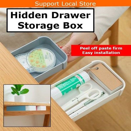 Under Table Drawer,Desk Drawer Organizer,2 Pack Hidden Self-Adhesive Under Desk Drawer Pencil Tray Drawer Storage Box Small Hidden Desktop Organizer Tableware Drawer Organizer