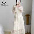 Yfashion French Style Lace Dress For Women Cotton Elegant Long Sleeves V Neck A-line Skirt Solid Color Mid-length Dress. 