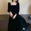 bellylady Women Cotton French Velvet Dress Retro Square Collar Puff Sleeves Simple Solid Color Large Swing Long Sleeves Dress. 
