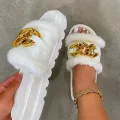 【BestGO】Summer Plush Slippers Fashion Open Toe Solid Color Women's Sandals Metal Chain Outdoor Casual Plus Size Shoes. 