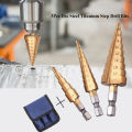 3Pc Hss Step Cone Taper Drill Bit Set Metal Hole Cutter Metric 3-12 4-12 4-20Mm 1/4 inch Titanium Coated Metal Hex Taper. 