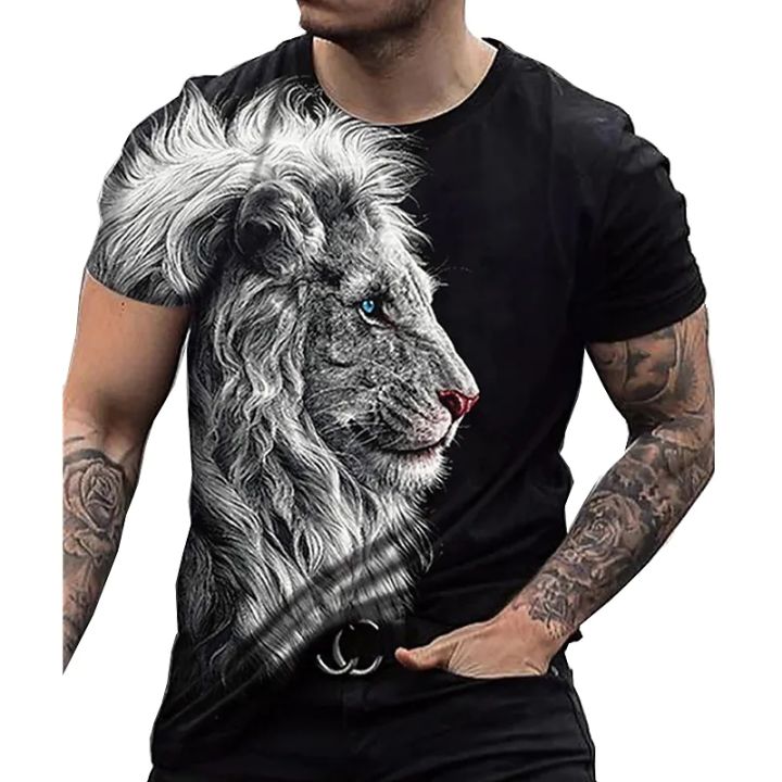 Men animal T-shirt summer short sleeve pullover o neck lion print 3D oversized designer top black casual vintage male clothes