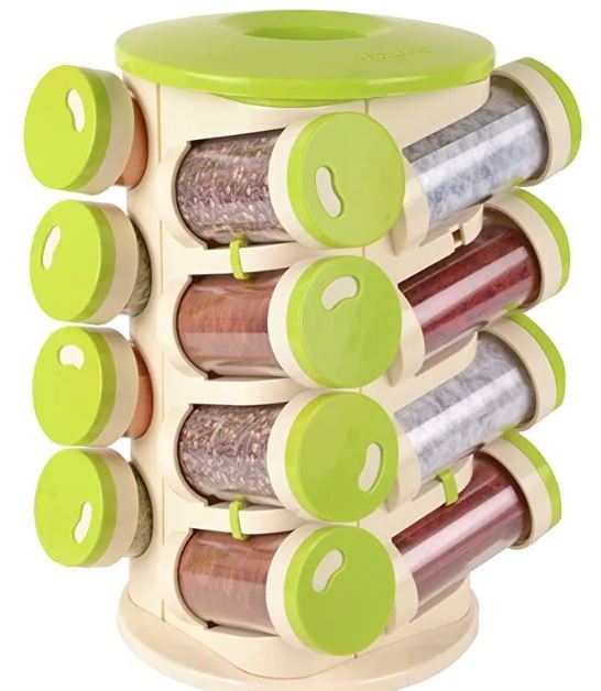Revolving Plastic Spice Rack 16 in 1 Jar  Multipurpose Uses Storage Set Condiment Masala Rack Set  16 Pieces - Brown