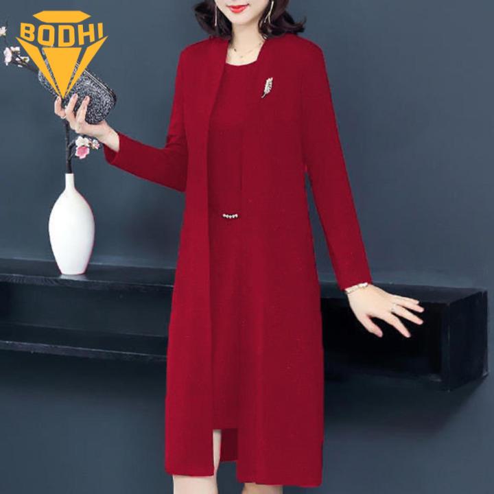 Comfortable%20Women%20Suit%20Spring%20Fall%20Women's%20Elegant%20Solid%20Color%20Long%20Cardigan%20Dress%20Suit%20Set%20for%20Middle-aged%20Ladies%20Sleeveless%20O%20Neck%20Open%20Front%20Coat%20Kit%20Women%20Dress%20Coat%20Suit%20-%20Image%205
