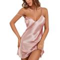 Women Summer Nightdress V Neck Thin Spaghetti Strap Adjustable Straps Solid Color Sleeping Satin Sleeveless Lady Nighty Gown. 