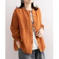 Yfashion Women  Shirt Literary Artistic Retro Autumn Loose Solid Color Round Neck Long-sleeved Casual Shirt color. 