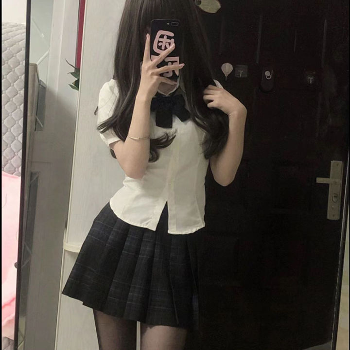 Hu Lina Original jk Uniform Waist Trimming Shirt Back Bandage Short Sleeve College Style Puff Sleeve White Shirt jk Suit