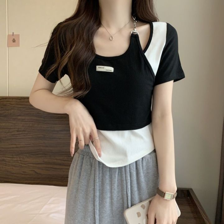 New%20Irregular%20T-shirt%20For%20Women's%20Summer%20Contrast%20Top%20Fashion%20Style%20Slim%20Fit%20Slimming%20Tee%20Trend%20-%20Image%205