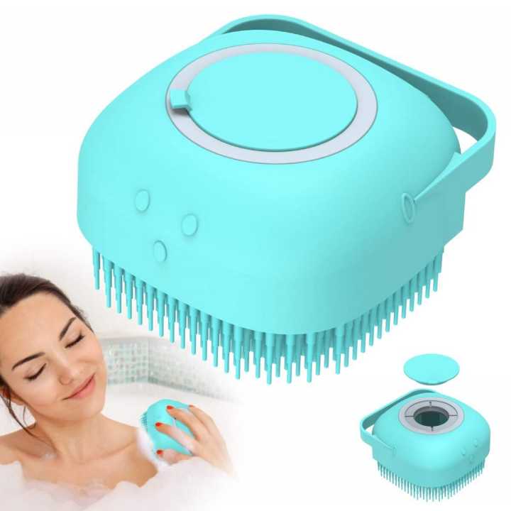 2 in 1 Silicone Bath Body Brush with Shampoo Dispenser for Kids Women, Shower Body Massage Brush Ultra Soft, Handheld Silicone Loofah Scrubber for Massaging, Exfoliating