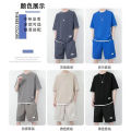 Waffle Summer Ice Silk Short Sleeve T T-shirt Suit Boys Breathable Knee Length Pants Casual Sports Trendy Simple. 