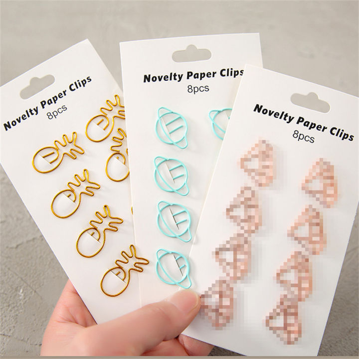 8Pcs Creative Hollow Paper Clip Set Cartoon Pattern Golden Bookmark Clip Cute Cat Love Cactus Star Ice Cream Binder Clips