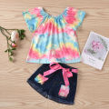 Toddler Baby Kids Girls Off Bow Jeans Denim Shoulder Rainbows Tops. 