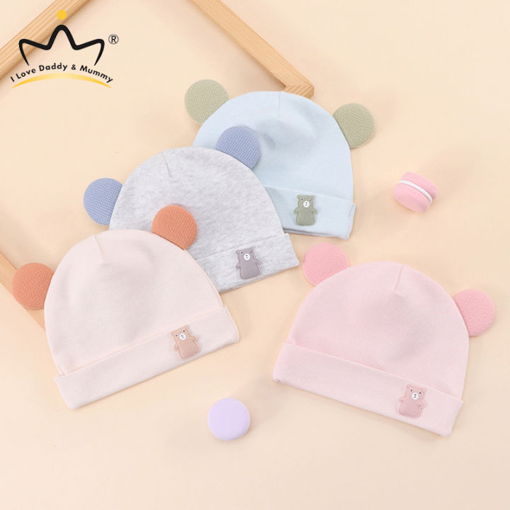 Soft Cotton Newborn Hat Cute Cartoon Bear Ear Baby Beanie Solid Color Infant Boy Girls Bonnet Cap Spring Summer