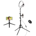 10 Inch/26cm Ring Light Kit with 2900-6600K Bi-color Dimmable Ring Video Light 3 Lighting Modes 10-Level Brightness with Light Stand table-top Tripod 2pcs Ball Head 3pcs Phone Holders Re-mote Control. 