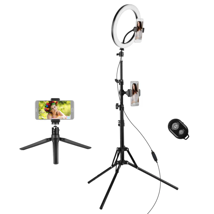 10 Inch/26cm Ring Light Kit with 2900-6600K Bi-color Dimmable Ring Video Light 3 Lighting Modes 10-Level Brightness with Light Stand table-top Tripod 2pcs Ball Head 3pcs Phone Holders Re-mote Control
