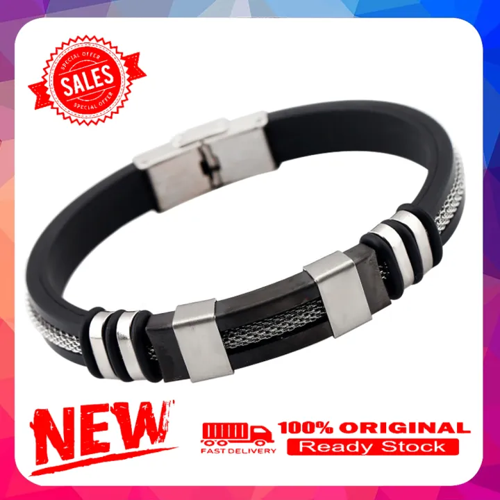 Fashion Men's Titanium Steel Soft Silicone Wristband Bangle Clasp Cuff Bracelet