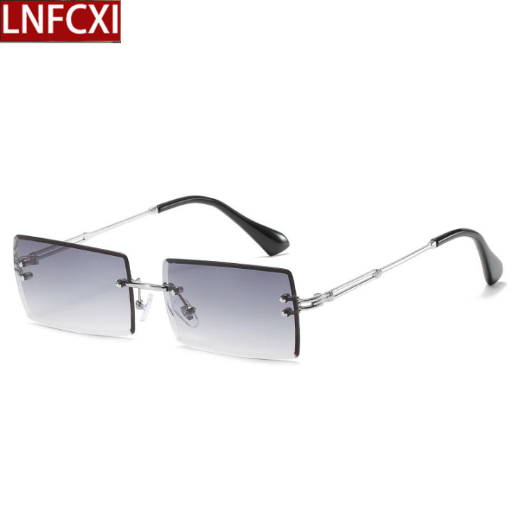 Rectangle Gradient Rimless LNFCXI 16 Colors Rectangle Rimless Gradient Sunglasses Women Men Small ...