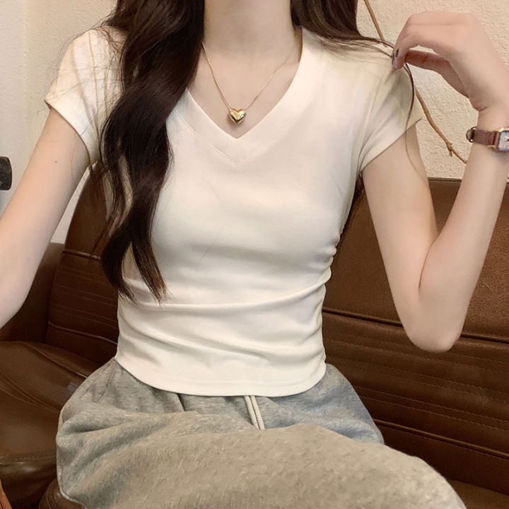 Short SleeveTWomen's T-shirtVCollar Shoulder2023Summer Pure Cotton Slim-Fit Design Sense Niche Skinny Short Hot Girl Top