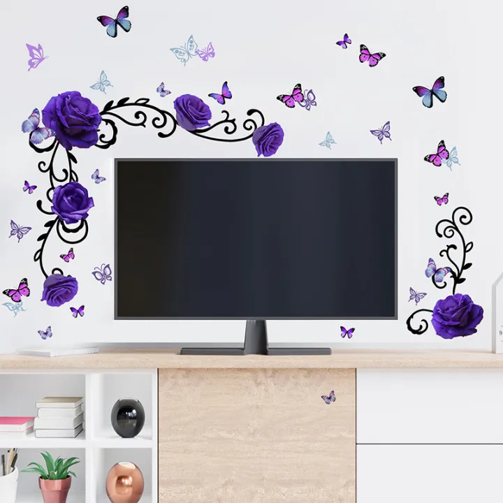 1pc%20Purple%20Rose%20Flowers%20Butterfly%20Bedroom%20Living%20Room%20TV%20Background%20Home%20Decor%20Wall%20Sticker%20Sticker%20-%20Image%202