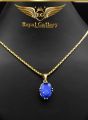 Gold Plated Link Chain & Pendant with Blue Stone. 