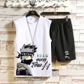 Summer New Sports Vest Men's Fashion Vest Outer WearinsLoose Waistcoat Anime Print SleevelessTT-shirt Set. 