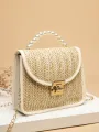 Ladies Sweet Style Messenger Bag, Girls Creative Straw Braid Faux Pearl Hand Grip Handbag Chain Shoulder Bag for Dating Beach. 
