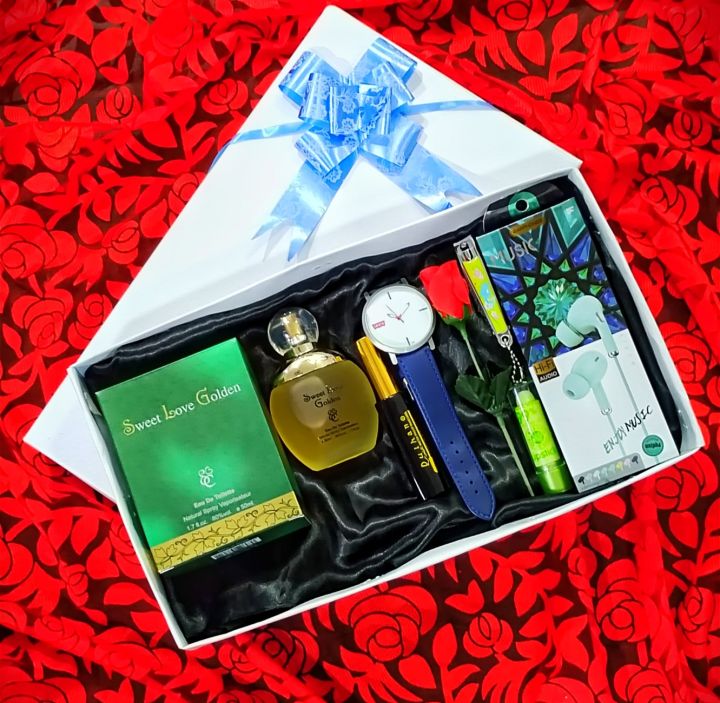 Women's Luxury Celebration Gift Pack With Free Gift Box - With Perfume, Mascara, Watch, Rose, Nail Cuter, Lipstick, Earphone Handsfree - Anniversary Present Sets - Valentine's Day Gift Basket Package for Women's/Ladies/Wife Gift Set