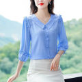 Yfashion Fashion Chiffon Tops For Women Cotton Summer Three-quarter Sleeves Doll Collar Shirt Elegant Solid Color Pullover Blouse. 