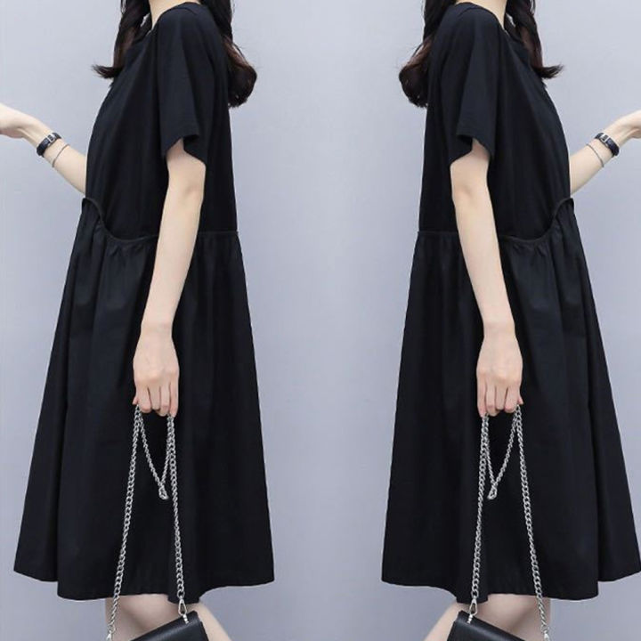 Yfashion%20Women%20Cotton%20Short%20Sleeves%20Dress%20Simple%20Elegant%20Solid%20Color%20Round%20Neck%20A-line%20Skirt%20Loose%20Casual%20Dress%20With%20Pockets%20-%20Image%203