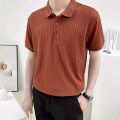 Nine Summer New Korean Style Knitted Short Sleeve polo Shirt Men's Korean-Style Trendy Solid Color Striped Lapel T T Shirt All-Matching. 