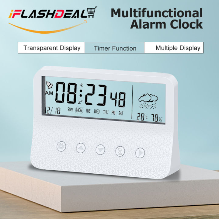iFlashDeal Clock Alarm Clock Digital LCD Alarm Clock Big Screen LED Digital Alarm Clock Backlight Electric Alarm Clock Temperature Humidity Calendar Display Clock Smart Backlight Alarm Clock Table Clock Weekday Weekend Mode Snooze Alarm Clock 12/24Hr Cloc