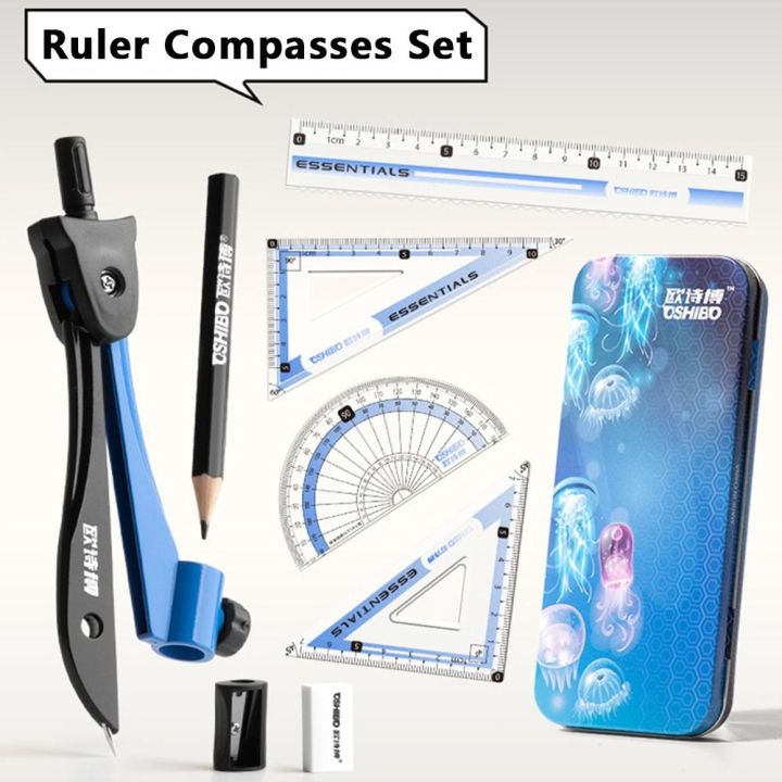 Compass And Ruler Set 9PCS/Set Multi-Function Plastic Ruler Compasses Set Propelling Pencil ...