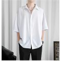 Ice Silk Shirt Men's Thin Hong Kong Style Ruffle Handsome High-Grade Draping Long Sleeve Jacket Loose Half Short Sleeve Pure Color All-Matching Shirt. 