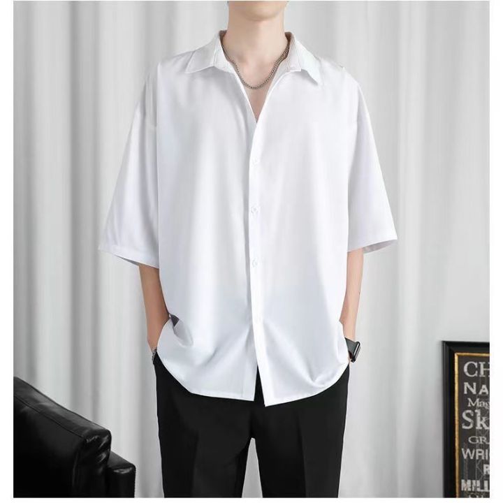 Ice%20Silk%20Shirt%20Men's%20Thin%20Hong%20Kong%20Style%20Ruffle%20Handsome%20High-Grade%20Draping%20Long%20Sleeve%20Jacket%20Loose%20Half%20Short%20Sleeve%20Pure%20Color%20All-Matching%20Shirt%20-%20Image%205