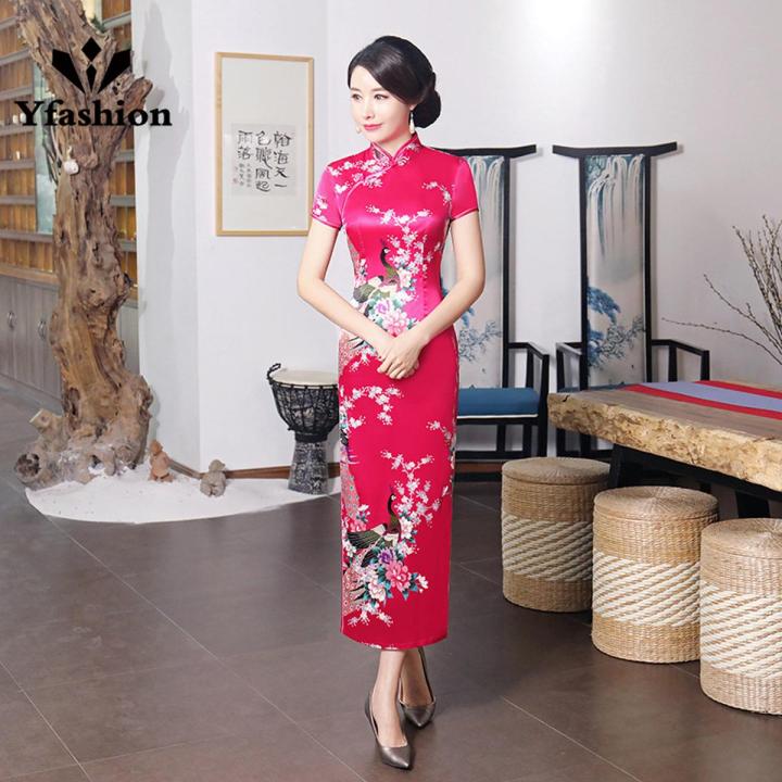 Yfashion Women Cotton Long Cheongsam Dress Multi-color Retro Classic Chinese Style Printing Cheongsam Large Size Slim Fit Dress