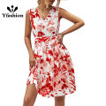 Yfashion Women Floral Dress Sleeveless V Neck High Waist A Line Dress Flowy Swing Shift Dresses With Belt. 