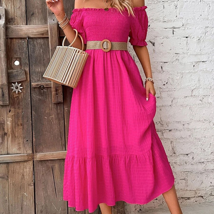 Yfashion%20Sexy%20Off%20Shoulder%20Dress%20For%20Women%20Summer%20Elegant%20Puff%20Short%20Sleeves%20Long%20Skirt%20Solid%20Color%20Ruffled%20Dress%20-%20Image%209