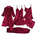 5Pcs/Set Women Satin Silk Pajamas Lace Robe Nightdress Wedding Nightwear Home Wear Nighty Female New Shorts Pants Sleepwear. 