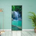 Natural Style Door Green Deep Forest Waterfall Scene Poster Vinyl PVC Waterproof Scratch Resistant Self-adhesive Door Sticker. 