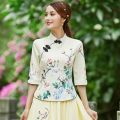Spring and Summer New Slim Fit Republic of China Style Retro Girl Half Sleeve Top Style Chinese Dress Cheongsam Two-Piece Suit Tea Clothes. 