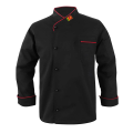 Long Sleeve Black Chef Coat with Red piping. 
