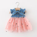 Star Embroidery Denim Gauze Splice Infant Dress Summer New Girls' Baby Little Flying Sleeve Dress Fashion Girl Children'S Clothing (0-3 Years Old). 