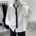 Black Long-sleeved Shirts Men Korean Comfortable Blouses Casual Loose Single Breasted Shirt With Tie. 