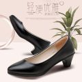 Professional Women's Shoe Summer High Heels Black Leather Shoes Formal Clothes Interview Work Shoes round Head Chunky Heel Mid Heel Work Shoes Women. 