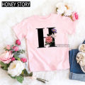 26 Black English Letters ABCD Flower Cartoon Print Children's Round Neck Short Sleeve Boys and Girls Pink T-shirt. 