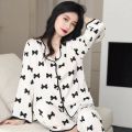 Black and White Simple Pajamas Women's Summer Milk Silk Thin 2024 New Long Sleeve Internet Celebrity Home Wear Two-Piece Suit. 