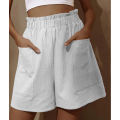 Yfashion Women Shorts Solid Color Cotton And Linen Wide-leg High-waist Casual Elastic Waistband Cropped Pants With Pockets color. 